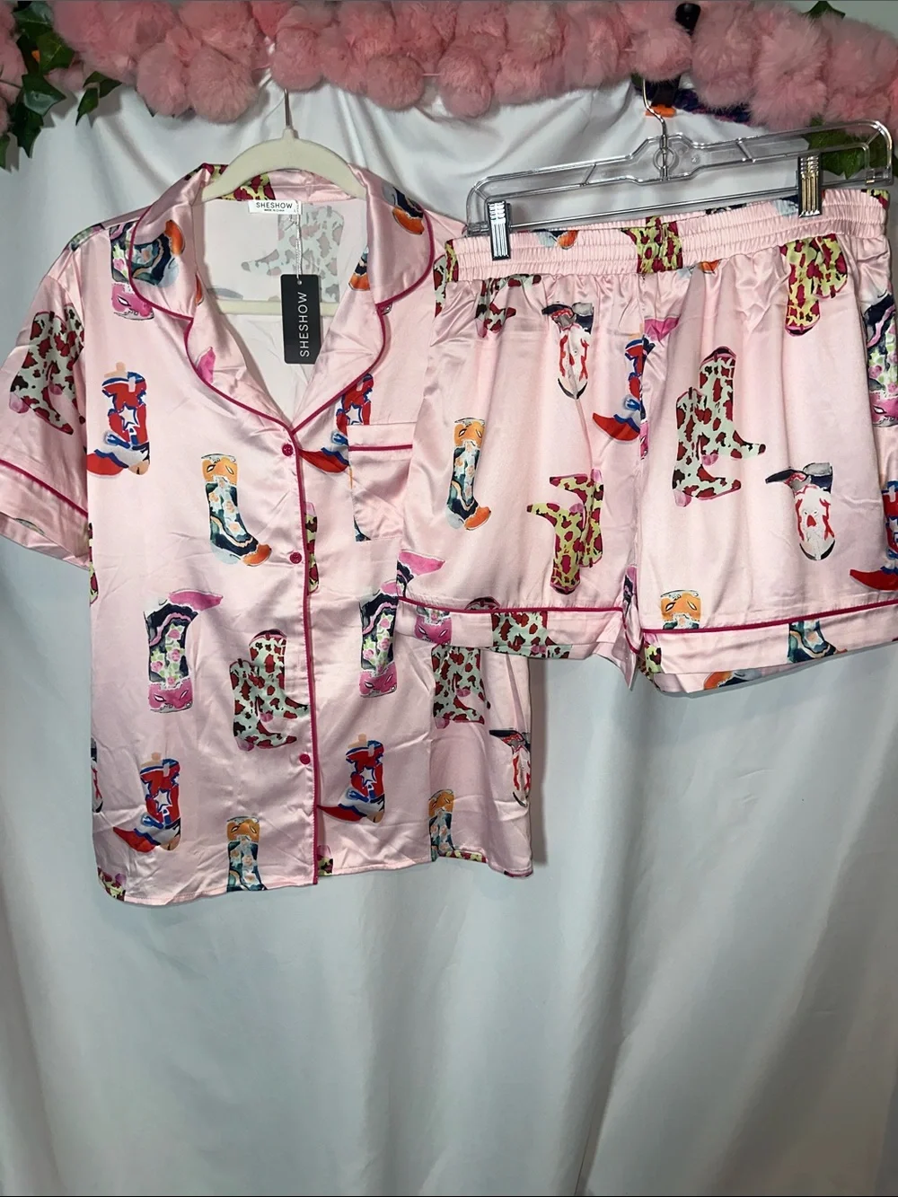 Sheshow Pink Satin Short PJ Set with Colorful western boot Print